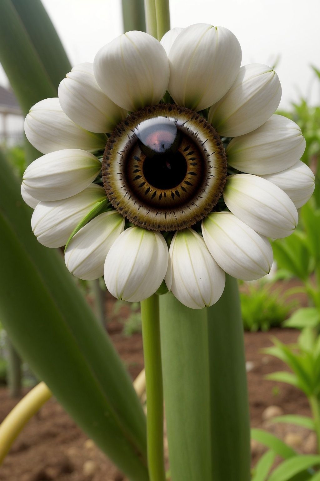 <lora:eye3-000002:1>,realistic,no human,flowers with yellow ceyes,garden:,soil,plants,