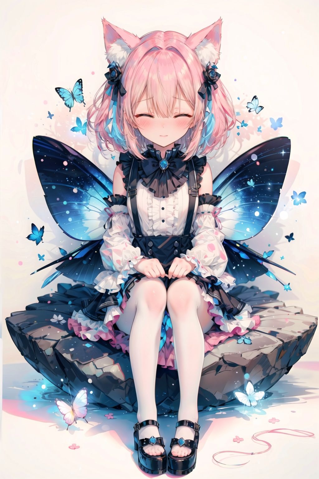 [(white background:1.4)::5], (white background:1.5888), (full body:1.2), ,  // extremely delicate and beautiful,  2d,  depth of field,  solo,  a beautiful detailed girl,  solo,  // (This is a fairyland),  (This is a wonderland),  many stuffed toys, many candy,  lightblue long hair, with butterfly,  ( short pink hair:1.2),  floating hair,  parted bangs, (colored tips, colored inner hair, :1.2),  (closed eyes), expressionless, (big stuffed toys), cat ears,  ((white sleeves, black suspender skirt)),  (giant clock,  flying bill,  flying candy),  (She is sitting),  // double exposure,  visual impact,  best quality, <lora:EMS-30781-EMS:0.700000>, , <lora:EMS-14532-EMS:0.600000>