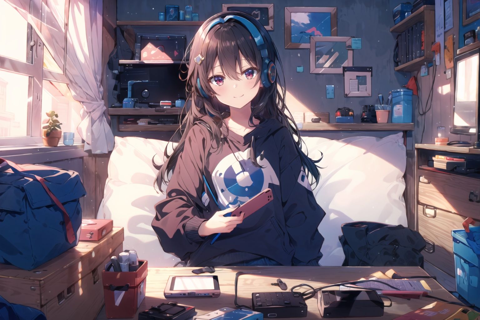 1girl,solo,Sitting,sitting_down,smile,extremely detailed CG unity 8k wallpaper,illustration,masterpiece, best quality,beautiful face,young girl,long_hair, black_hair,detailed eyes,red eyes,(upper body),cowboy shot,messy room,guitar case,(computer),headphones,tablet pc,trash can,computer,game console,box,chair,cellphone,toy,electric guitar,handheld game console,((Play electric guitar)),(baggy clothes:1.4),light through window,(full body),<lora:水润RenalithV4（改）:1> ,<lora:neg4all_bdsqlsz_V3.5:1.2>  