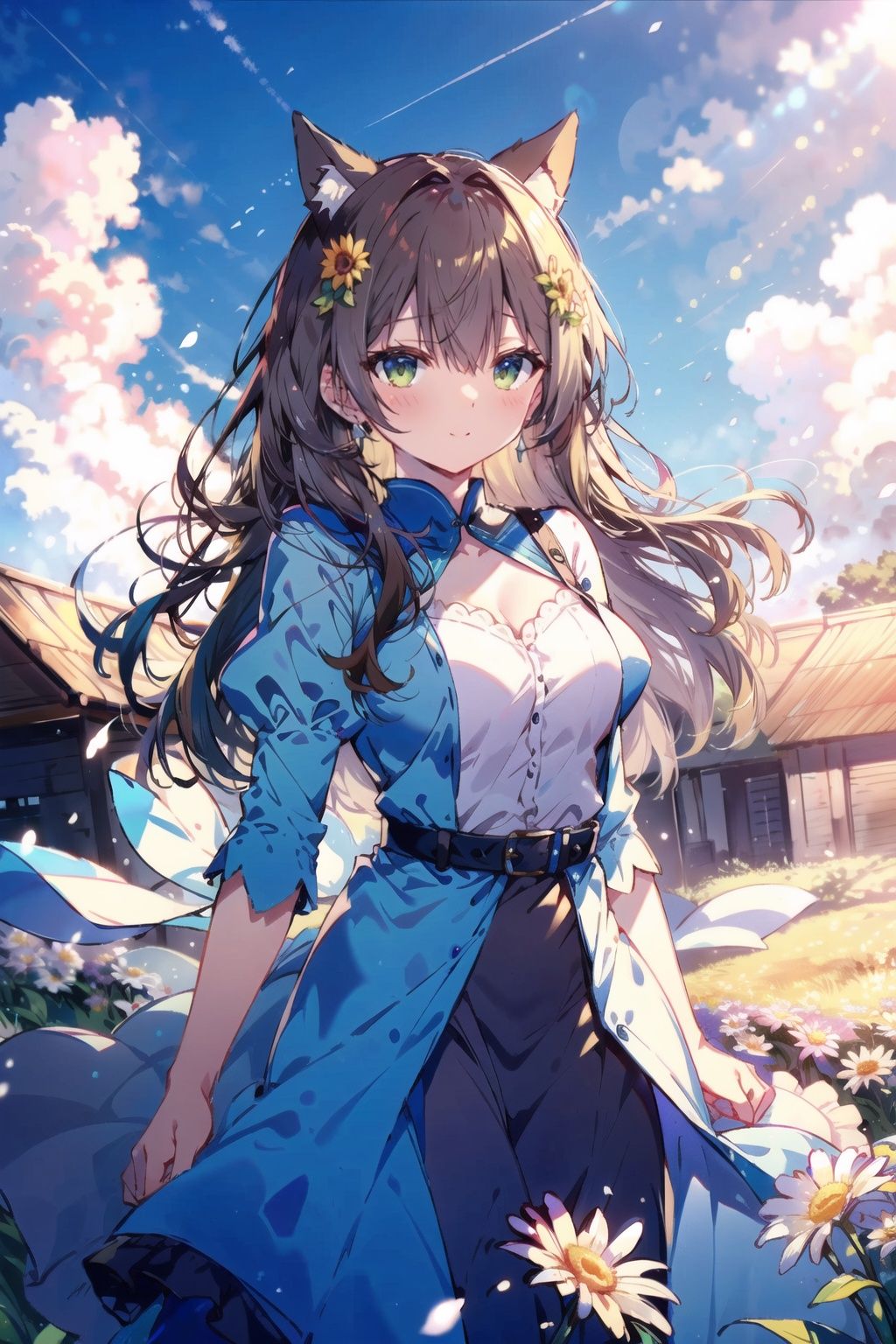 flower, 1girl, solo, dress, cloud, long_hair, outdoors, green_dress, belt, animal_ears, day, yellow_flower, sky, brown_hair, blue_sky, building, daisy, fence, hair_flower, flower_field, cloudy_sky, puffy_sleeves, gate,<lora:水润RenalithV4（改）:1>,<lora:neg4all_bdsqlsz_V3.5:1.2>