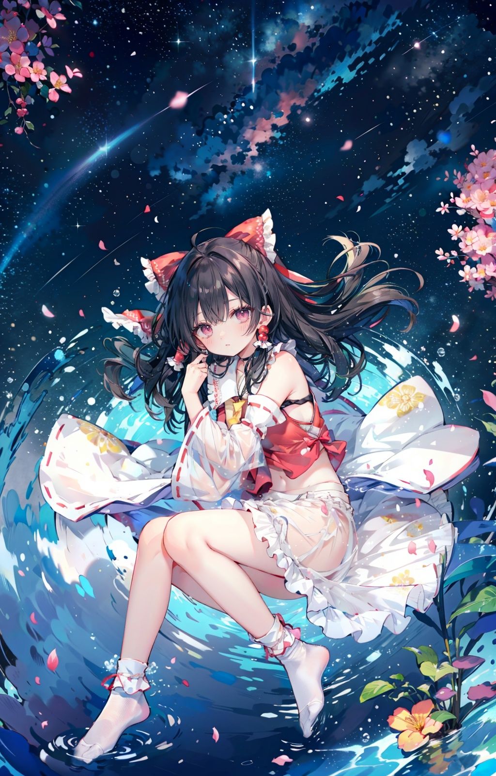 masterpiece, ultra detailed,((from above ,socks, lying, underwater, floating hair, starry sky reflection, floating sakura petals, rippling)),[half closed eyes],(pink eyes),(high contrast:0.8),1girl,solo,  hakurei_reimu, hair_tubes, detached_sleeves, solo, bow, long_hair, frills, ribbon_trim, red_bow, hair_bow, ribbon-trimmed_sleeves, wide_sleeves, red_skirt, skirt, looking_at_viewer, ascot, stairs, frilled_bow, black_hair, holding apple, <lora:水润RenalithV4（改）:0.8>, <lora:博丽灵梦:0.9>,<lora:neg4all_bdsqlsz_V3.5:1.2> 