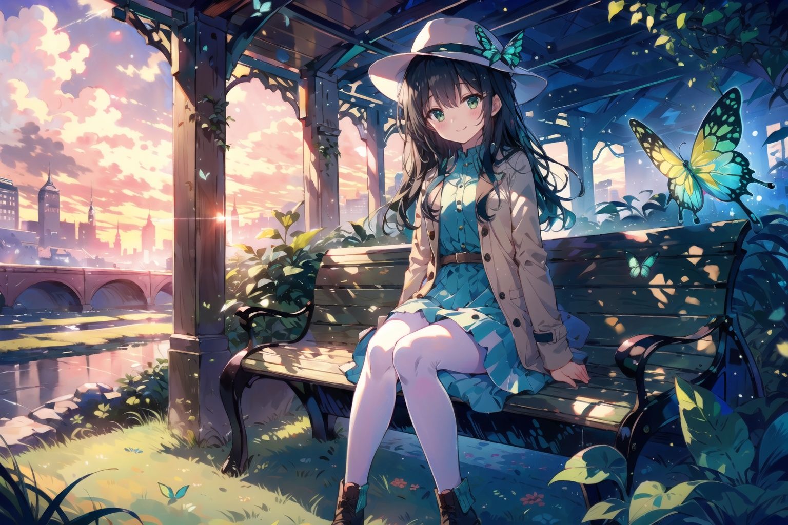 ((garden)), (bench), (light-green butterflies), (city skyline), (sunset), (rosy clouds), 1 young girl, cute girl, solo, close shot, slim, sitting, grace pose, gentle smile, white pantyhose, (long black hair), blunt bangs, green eyes, (khaki fedora), (khaki coat), (long light-green dress), light-green shoes,<lora:水润RenalithV4（改）:1>, <lora:neg4all_bdsqlsz_V3.5:1.2>