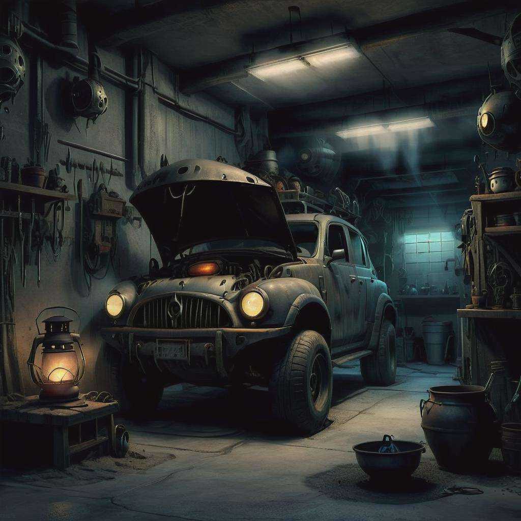 dark,  eerie,  Hovering Vehicle Repair Garage by DonMischo on Tensor.Art