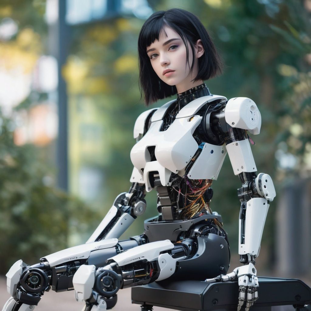 centered, upper body, masterpiece, | 1girl, solo, beautiful face, pale skin, (black hair), medium hair, full body, robotic legs, robotics arms, robotic body, robotic hands, futiristic, robotic, mechanical, armored, sitting, pure face, (black robotic body), mecha, | bokeh, depth of field, vaporwave colors scheme, 