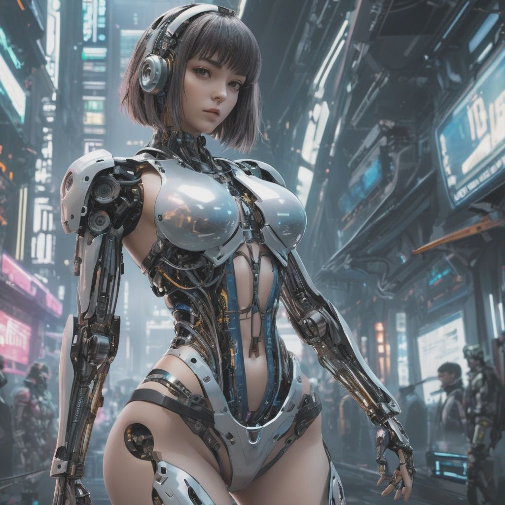 (Masterpiece, best picture quality), Cyberpunk, girl, French bangs, ((metal and transparent shell | splicing robot)), transparent belly:1.1, metal spine:1.2, (Cyber| body paint), aircraft background, dynamic perspective,cyborg
