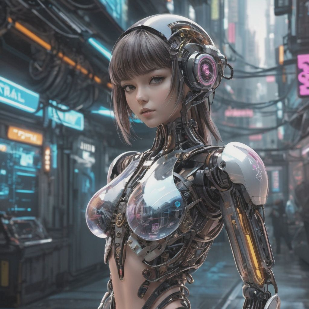 (Masterpiece, best picture quality), Cyberpunk, girl, French bangs, ((metal and transparent shell | splicing robot)), transparent belly:1.1, metal spine:1.2, (Cyber| body paint), aircraft background, dynamic perspective,cyborg
