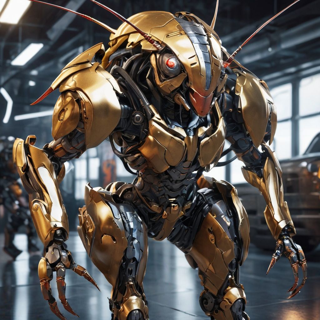 Angry Agile female cockroach mecha robo soldier character, anthropomorphic figure, wearing futuristic soldier armor and weapons, reflection mapping, realistic figure, hyperdetailed, cinematic lighting photography, 32k uhd with a golden staff, roaring By: panchovilla,mecha
