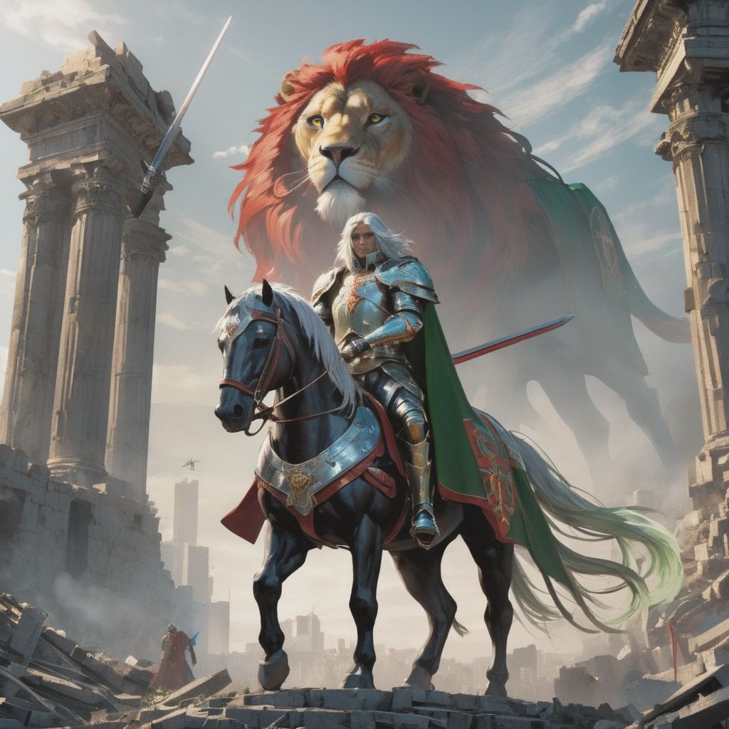 the cross of Holy Light ornamented on the armor,and the lion's head adorned with gold on the shoulders,red and green armor,long silver and white hair,wearing a red and green mechanical helmet that covers your face,golden glowing eyes,（holding a long sword in his hand：1.4）,a red tattered cloak swinging in the wind,holding a heavy black and blue glowing sword,riding on an armed horse,Stand on the ruins of the city,shot from an Angle,Brutalist,Divine Light,Blend,Ultra HD,High resolution,Movie lighting,Light and Shade contrast,Projection Mosaic,Wide Angle lens,Wide Angle,anatomically correct,textured skin,Masterpiece,Super Detail,High Detail,High quality,Best quality,8K,cyborg
