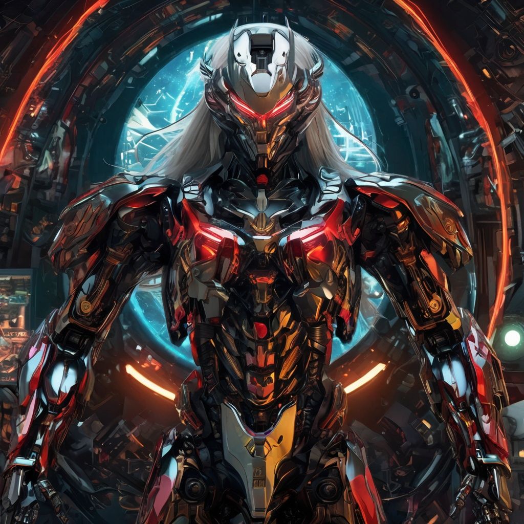 masterpiece,best quality,ultra-detailed,very detailed illustrations,extremely detailed,half-mach,intricate details,highres,super complex details,extremely detailed 8k cg wallpaper,cowboy shot, caustics,reflection,ray tracing,demontheme,nebula,dark aura,cyber effect, (1girl:1.4),solo,alone,mecha musume,mechanical parts, robot joints,single mechanical arm, headgear, mechanical halo,star halo,intricate mechanical bodysuit, mecha corset, full armor, very long hair,white hair, hair between eyes, multicolored hair, colored inner hair, red eyes,glowing eye,eye trail, random expressions,random action, ancient japanese architecture,pond, starry sky,skyline, ,
