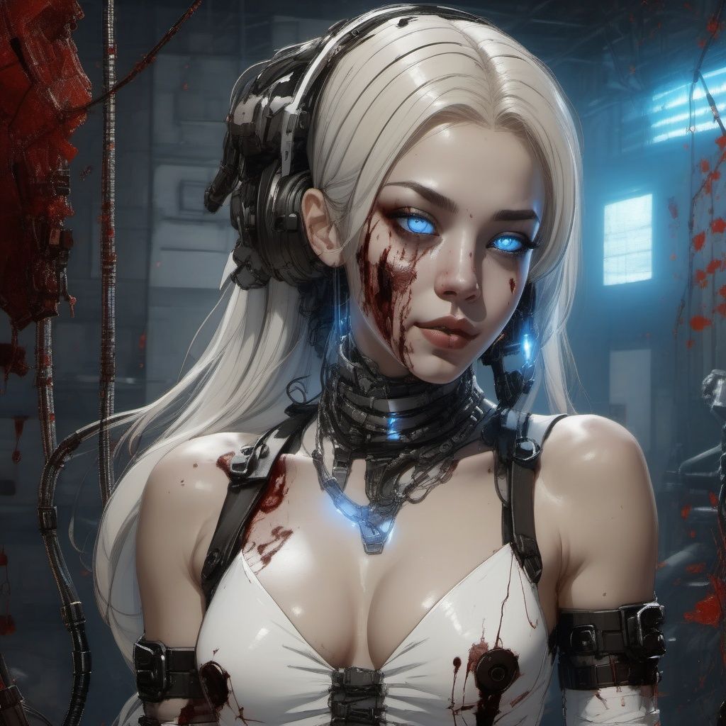 a cyborg lady, (cybernetic jaw), mechanical parts, white shirt, black latex skirt, metal skin, (glowing blue eyes), cables, wires, white hair, BloodOnScreen, blood splatter,