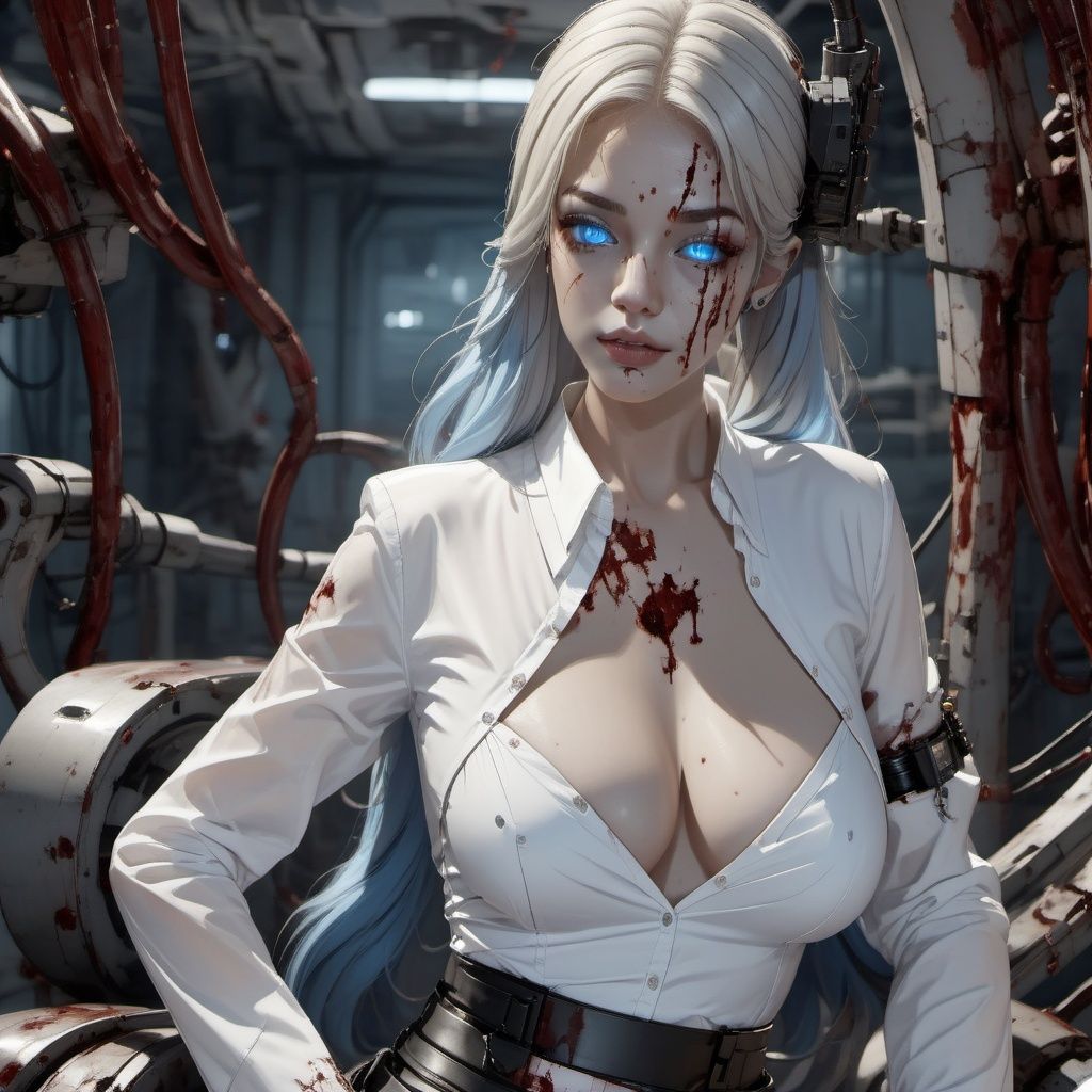 a cyborg lady, (cybernetic jaw), mechanical parts, white shirt, black latex skirt, metal skin, (glowing blue eyes), cables, wires, white hair, BloodOnScreen, blood splatter,