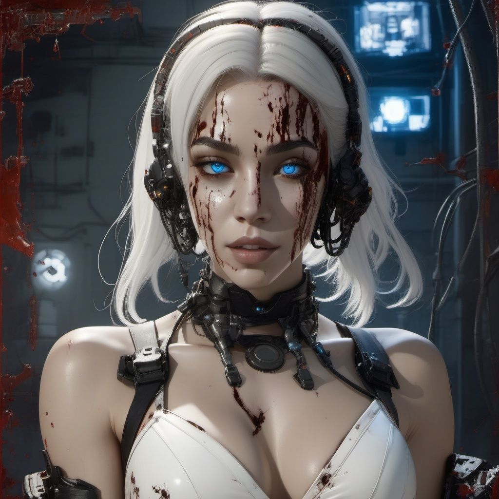 a cyborg lady, (cybernetic jaw), mechanical parts, white shirt, black latex skirt, metal skin, (glowing blue eyes), cables, wires, white hair, BloodOnScreen, blood splatter,