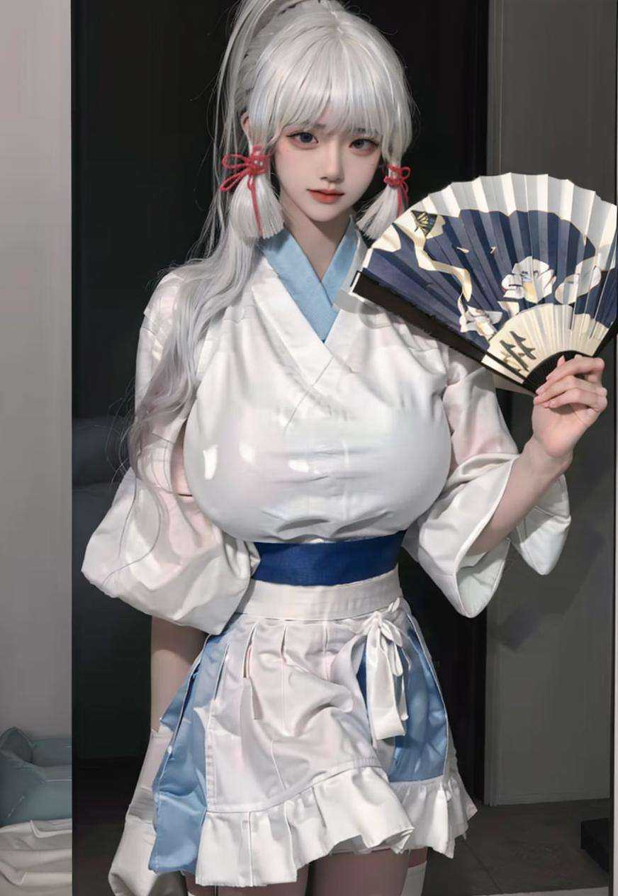 (masterpiece, best quality:1.4),(finely detailed),1girl,solo,(pale skin:1.2),(perfect body),glossy skin,(Supergiant huge breasts:1.2),standing,indoor,1girl,kamisato ayaka,long hair,(ponytail),bangs,japanese clothes,socks,white hair,blunt bangs,skirt,white socks,hair band,pink ribbon,wrinkled skirt,killer,<lora:修女cos服v1.0:0.8:1,0,0,0,0,0,0,0,1,1,1,0,0,0,0,0,0>,<lora:eula-000012:0.8>,(close-up photo:1.1),(upper_body),(holding fan),fan,an open fan,