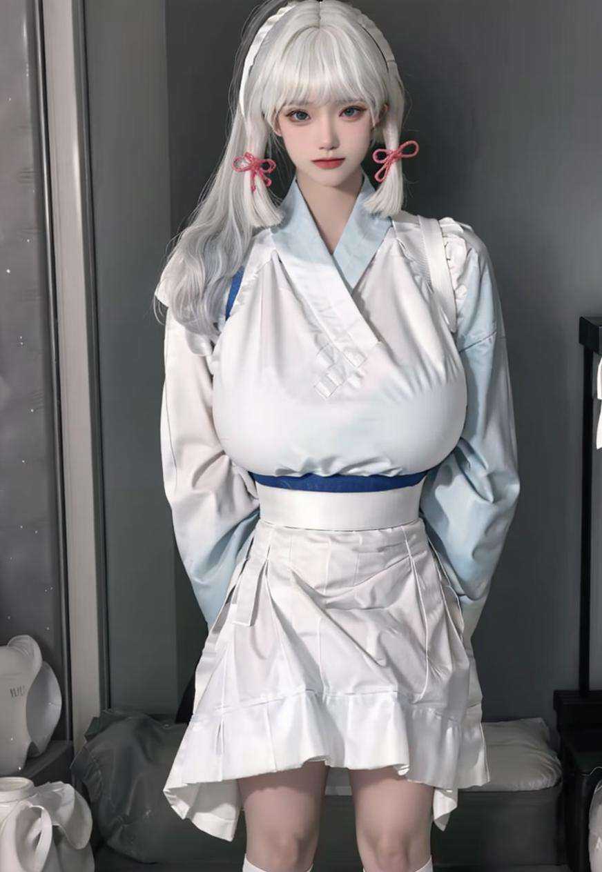 (masterpiece, best quality:1.4),(finely detailed),1girl,solo,(pale skin:1.2),(perfect body),glossy skin,(Supergiant huge breasts:1.1),standing,indoor,1girl,kamisato ayaka,long hair,(ponytail),bangs,japanese clothes,socks,white hair,blunt bangs,skirt,white socks,hair band,pink ribbon,wrinkled skirt,killer,<lora:修女cos服v1.0:0.8:1,0,0,0,0,0,0,0,1,1,1,0,0,0,0,0,0>,<lora:eula-000012:0.8>,(close-up photo:1.1),(upper_body),