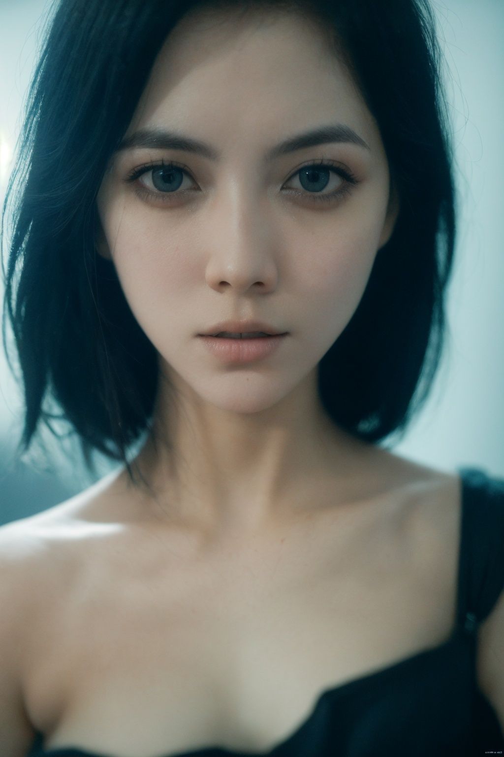 The best quality photos, realistic deep shot effects, blurred backgrounds, Tumblr, realistic, intelligent, and soft portrait shooting in 8K, with a light effect Feminine, ethereal stills,1girl,black-hair,dark shot, intricate details, highly detailed, slate atmosphere, cinematic, dimmed colors, dark shot, muted colors, film grain