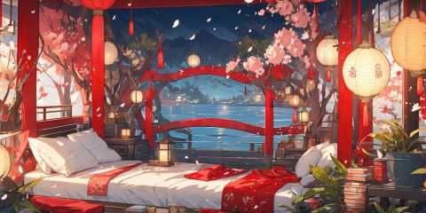 (masterpiece:1.2), best quality,PIXIV,cozy animation scenes,scenery, lantern, no humans, east asian architecture, architecture, tree, chinese text, petals, lattice, water, boat, watercraft, indoors, paper lantern, window, lamp,bedroom, <lora:cozy animation scenes_20230824111332-000018:1>