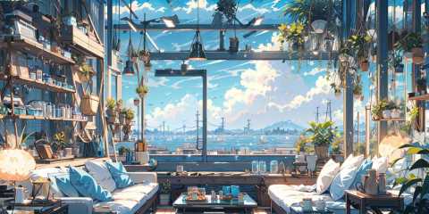 (masterpiece:1.2), best quality,PIXIV,cozy animation scenes,scenery, no humans, plant, chair, table, couch, tree, window, sky, day, building, potted plant, cup, cloud, indoors, sunlight, artist name, watermark, lamp <lora:cozy animation scenes_20230824111332:1>