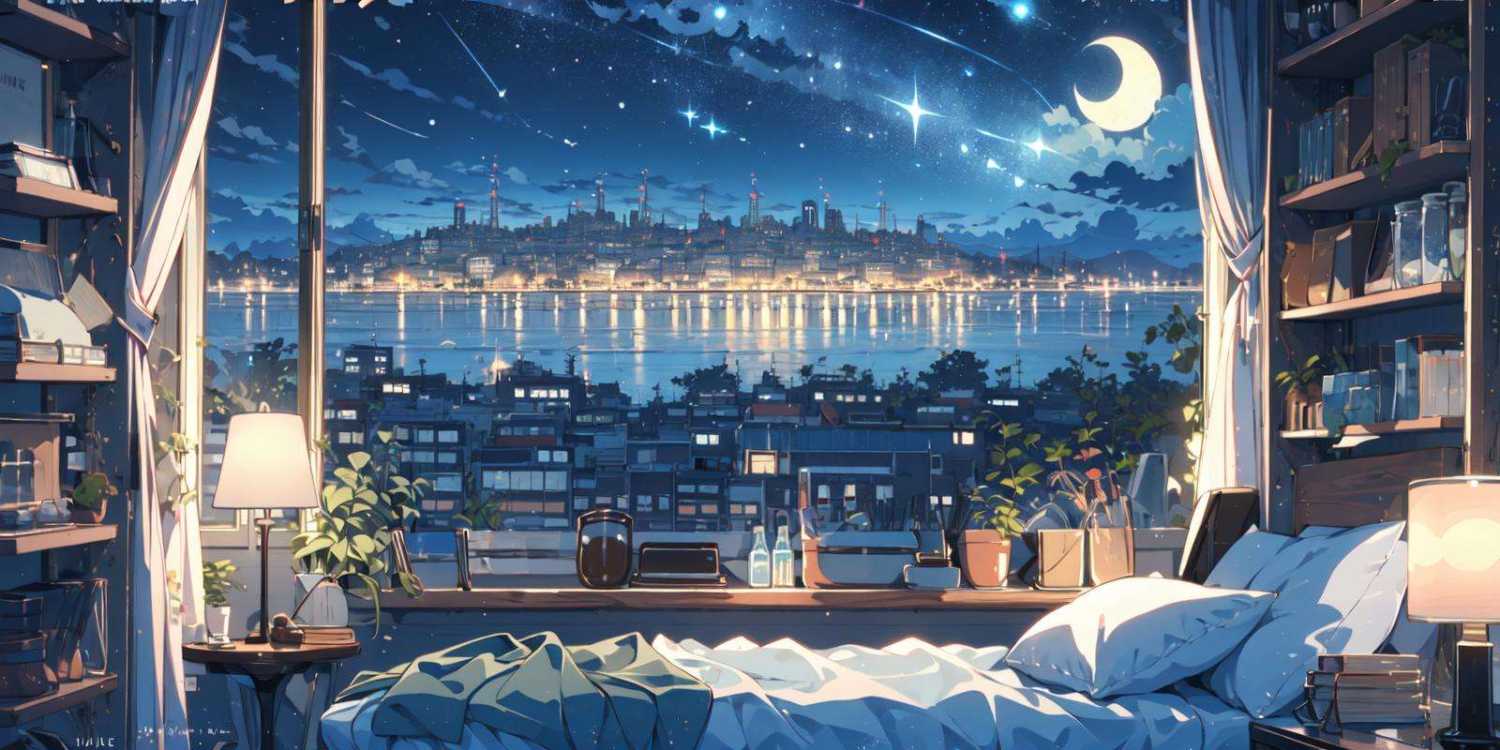 (masterpiece:1.2), best quality,PIXIV,cozy animation scenes,scenery, night, window, no humans, sky, plant, night sky, pillow, cityscape, bed, star (sky), book, chair, cloud, bookshelf, city, lamp, building, indoors, potted plant, starry sky, city lights, curtains, copyright name, artist name, skyscraper, shelf, bedroom, watermark, border <lora:cozy animation scenes_20230824111332:1>