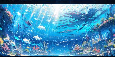 (masterpiece:1.2), best quality,PIXIV,cozy animation scenes,fish, scenery, letterboxed, underwater, watermark, blue theme, artist name, coral, bubble, 1girl, animal, air bubble, copyright name, water, jellyfish, fantasy, web address <lora:cozy animation scenes_20230824111332:1>