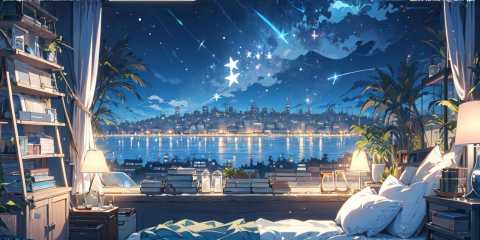 (masterpiece:1.2), best quality,PIXIV,cozy animation scenes,scenery, night, window, no humans, sky, plant, night sky, pillow, cityscape, bed, star (sky), book, chair, cloud, bookshelf, city, lamp, building, indoors, potted plant, starry sky, city lights, curtains, copyright name, artist name, skyscraper, shelf, bedroom, watermark, border <lora:cozy animation scenes_20230824111332:1>