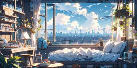 (masterpiece:1.2), best quality,PIXIV,cozy animation scenes,scenery, cityscape, city, skyscraper, building, window, cloud, sky, food, indoors, computer, book, bed, table, clock, pillow, no humans, chair, cake, monitor, cup, plate, skyline, lying <lora:cozy animation scenes_20230824111332:1>