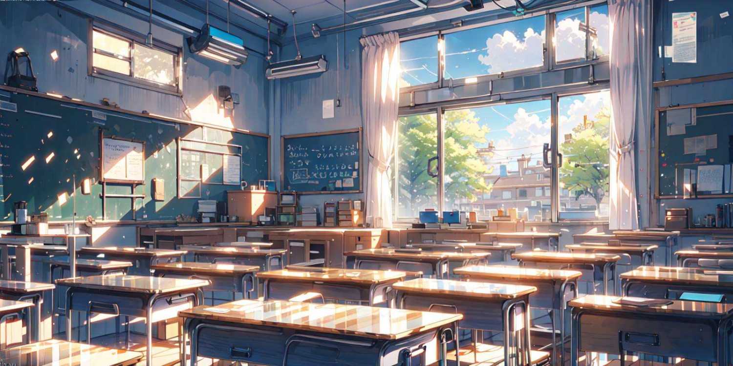 (masterpiece:1.2), best quality,PIXIV,cozy animation scenes,classroom, no humans, desk, chalkboard, window, scenery, indoors, chair, school, school desk, sunlight, watermark, school chair, curtains, day, book <lora:cozy animation scenes_20230824111332:1>