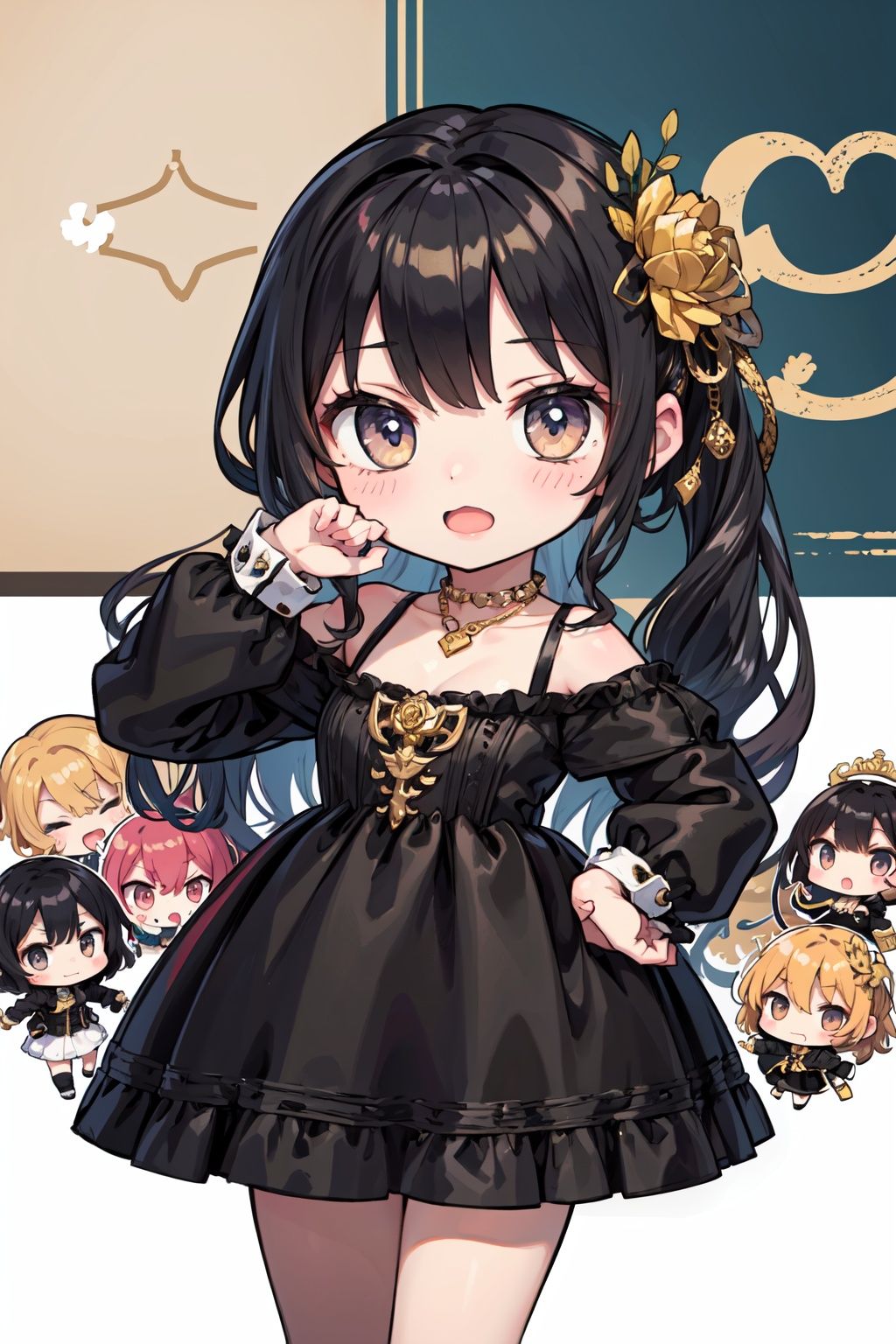 (hyper detailed),  ,  a woman with a black dress and a gold necklace on her neck and a black dress with a gold flower on h...