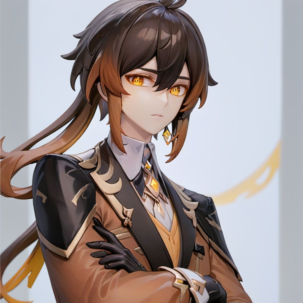 zhongli, 1boy, solo, male focus, zhongli (genshin impact), gloves, crossed arms, brown hair, simple background, jewelry, bangs, black gloves, earrings, single earring, multicolored hair, long sleeves, tassel, hair between eyes, closed mouth, jacket, yellow eyes, grey background, tassel earrings, long hair, necktie, collared shirt, looking at viewer, formal, shirt, gradient hair, black hair, suit, ponytail, pants