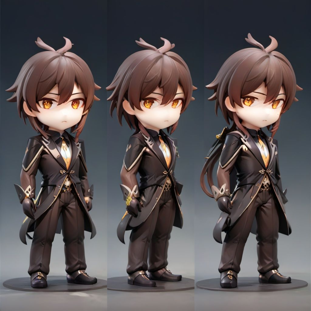 zhongli, 1boy, male focus,3D,chibi,Three Views