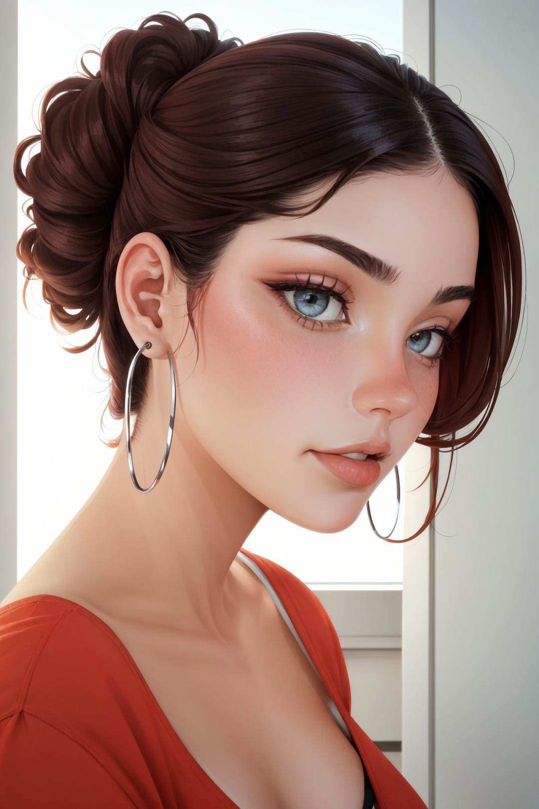 photo of CandelaGallo wearing makeup,  she is wearing korean clothes,  she is wearing hoop earrings on Tensor.Art