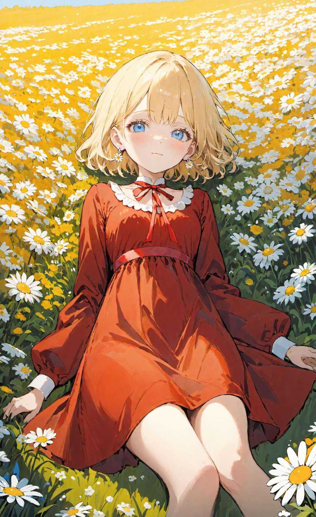 1girl lying,  in a field of flowers,  red dress on Tensor.Art
