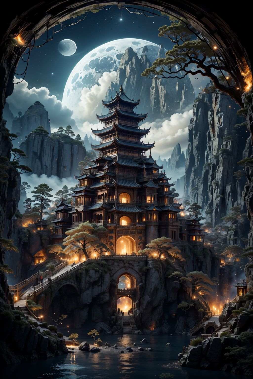 BJ_Ancient_city,outdoors,sky,cloud,water,tree,no_humans,night,moon,fire,building,night_sky,scenery,full_moon,stairs,mountain,architecture,bridge,east_asian_architecture,cinematic lighting,strong contrast,high level of detail,Best quality,masterpiece,<lora:Ancient_city:0.7>,