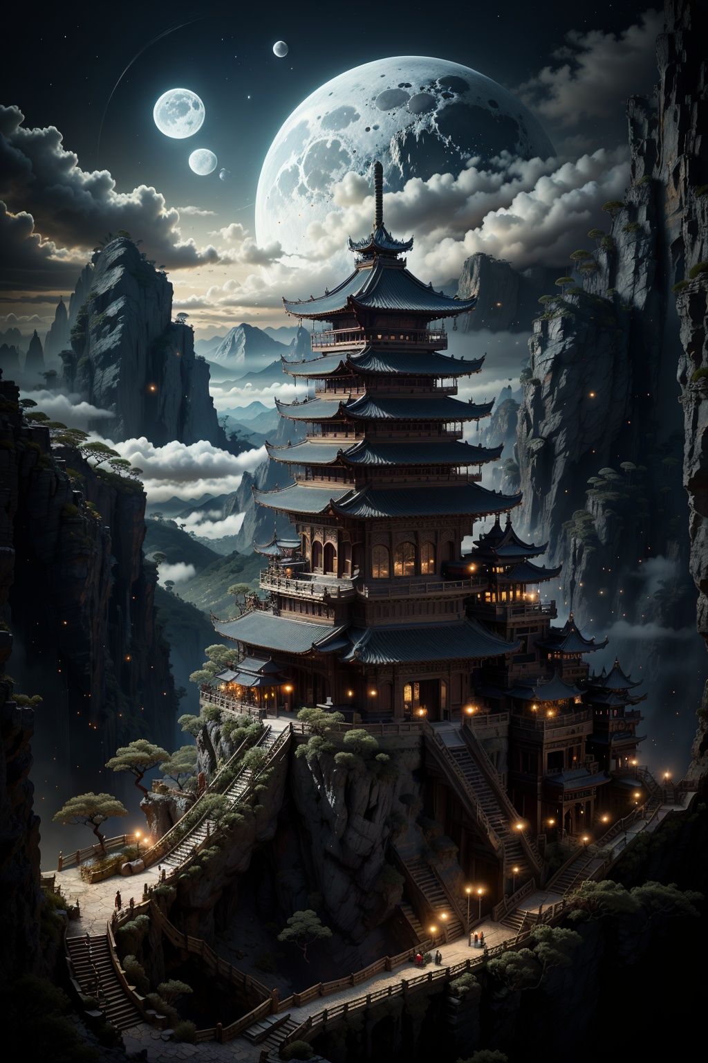 BJ_Ancient_city, outdoors, sky, cloud, tree, no_humans, night, moon, building, night_sky, scenery, full_moon, stairs, mountain, architecture, east_asian_architecture, pagoda,cinematic lighting,strong contrast,high level of detail,Best quality,masterpiece,<lora:Ancient_city:0.7>,
