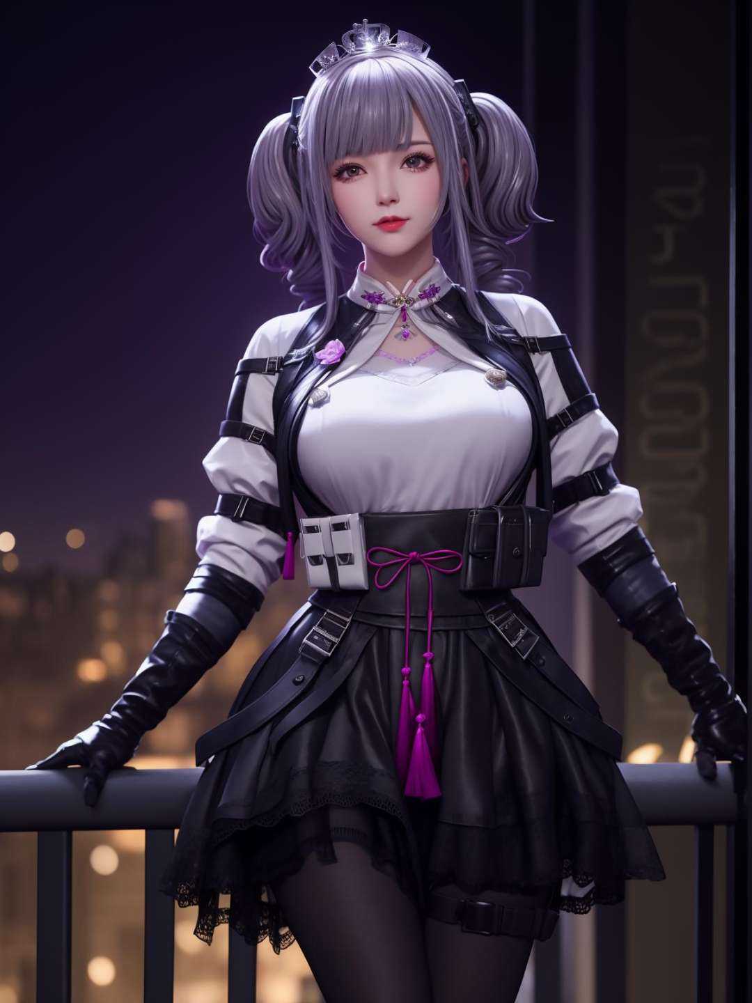 CFguanxiaoyuLHWZ, 1girl, solo, black pantyhose, bangs, looking at viewer, breasts, grey hair, elbow gloves, twintails, tassel, white shirt, lips, medium breasts, high-waist skirt,flower,crown, <lora:CFguanxiaoyuLHWZi:0.75>,cityscape, night, mature female, 