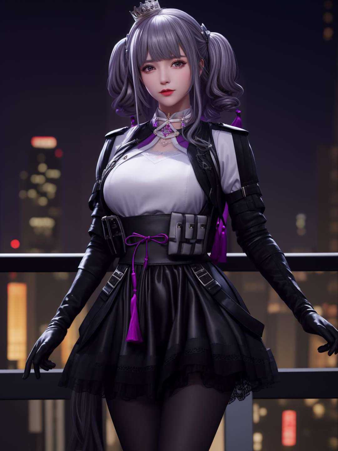 CFguanxiaoyuLHWZ, 1girl, solo, black pantyhose, bangs, looking at viewer, breasts, grey hair, elbow gloves, twintails, tassel, white shirt, lips, medium breasts, high-waist skirt,flower,crown, <lora:CFguanxiaoyuLHWZi:0.75>,cityscape, night, mature female, 