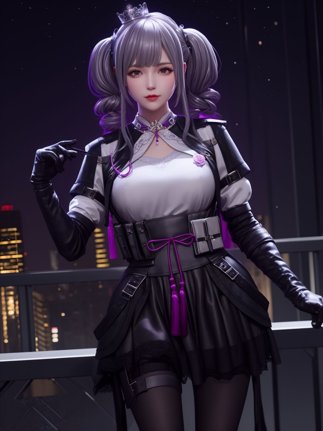 CFguanxiaoyuLHWZ, 1girl, solo, black pantyhose, bangs, looking at viewer, breasts, grey hair, elbow gloves, twintails, tassel, white shirt, lips, medium breasts, high-waist skirt,flower,crown, <lora:CFguanxiaoyuLHWZi:0.75>,cityscape, night, mature female, 