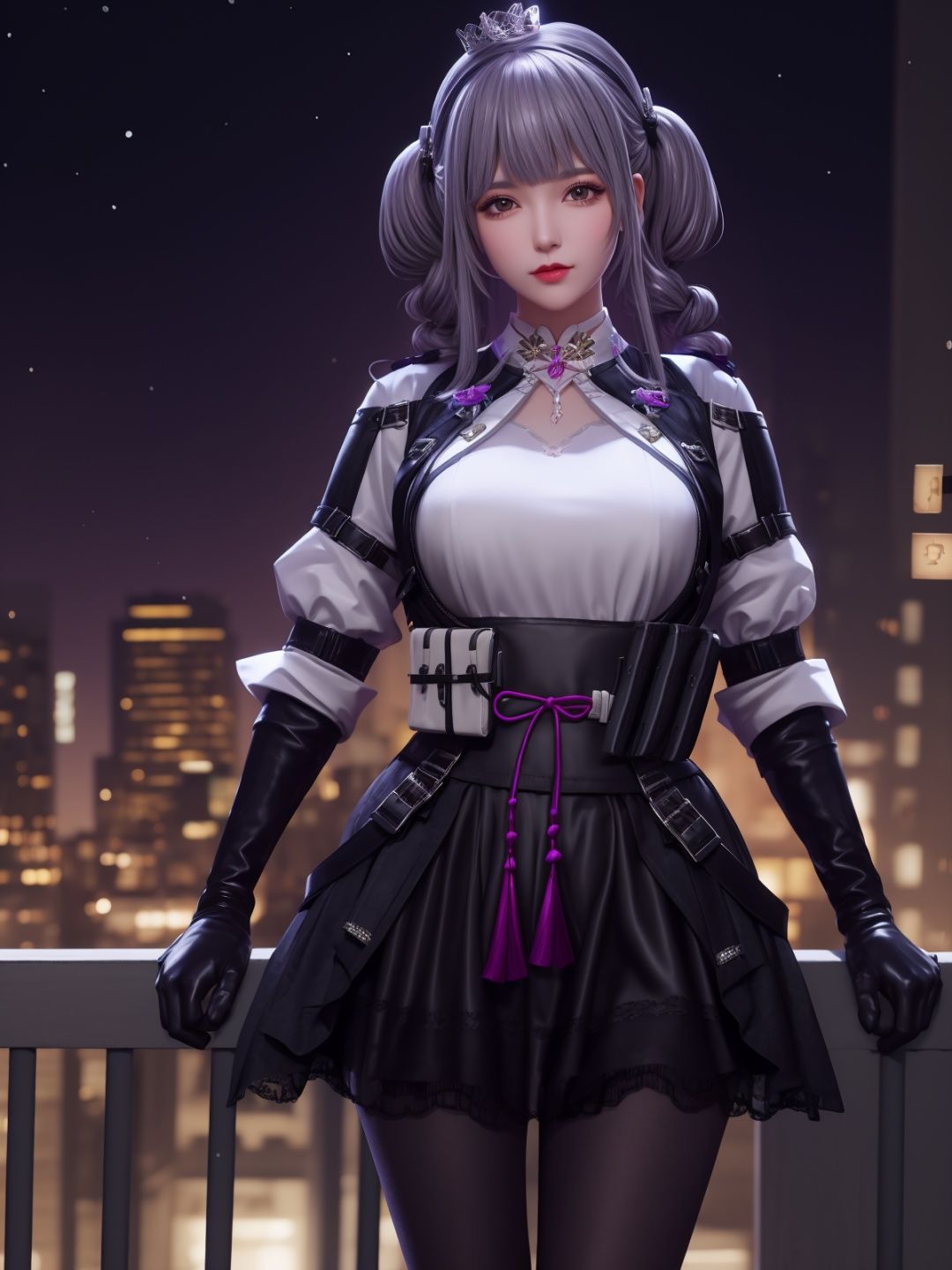 CFguanxiaoyuLHWZ, 1girl, solo, black pantyhose, bangs, looking at viewer, breasts, grey hair, elbow gloves, twintails, tassel, white shirt, lips, medium breasts, high-waist skirt,flower,crown, <lora:CFguanxiaoyuLHWZi:0.75>,cityscape, night, mature female, 