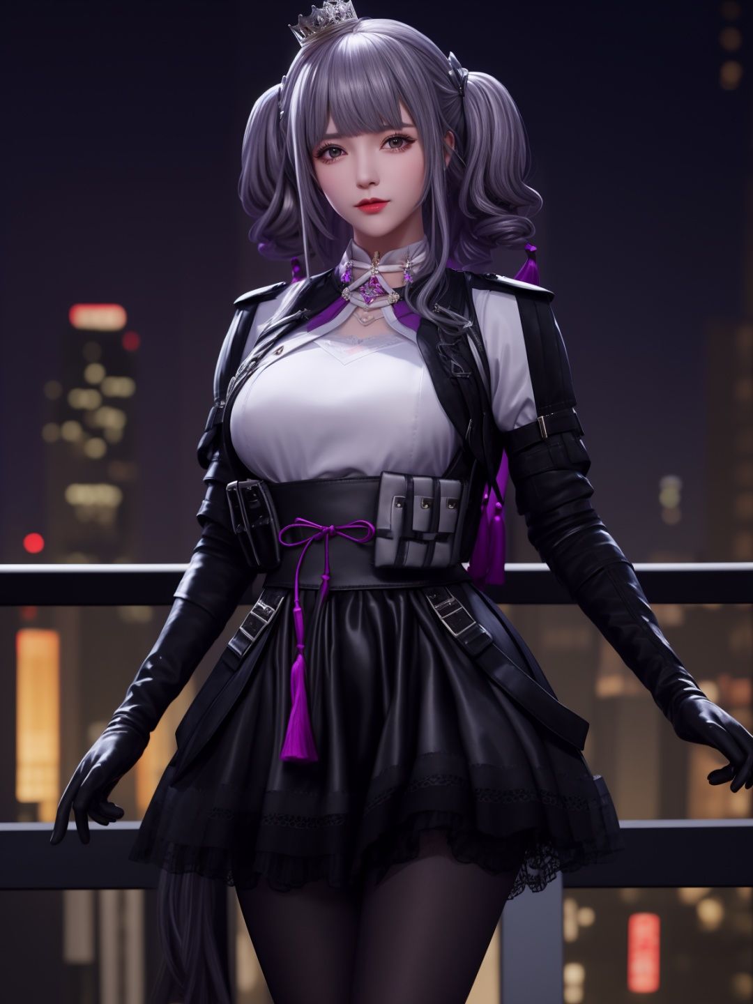 CFguanxiaoyuLHWZ, 1girl, solo, black pantyhose, bangs, looking at viewer, breasts, grey hair, elbow gloves, twintails, tassel, white shirt, lips, medium breasts, high-waist skirt,flower,crown, <lora:CFguanxiaoyuLHWZi:0.75>,cityscape, night, mature female, 