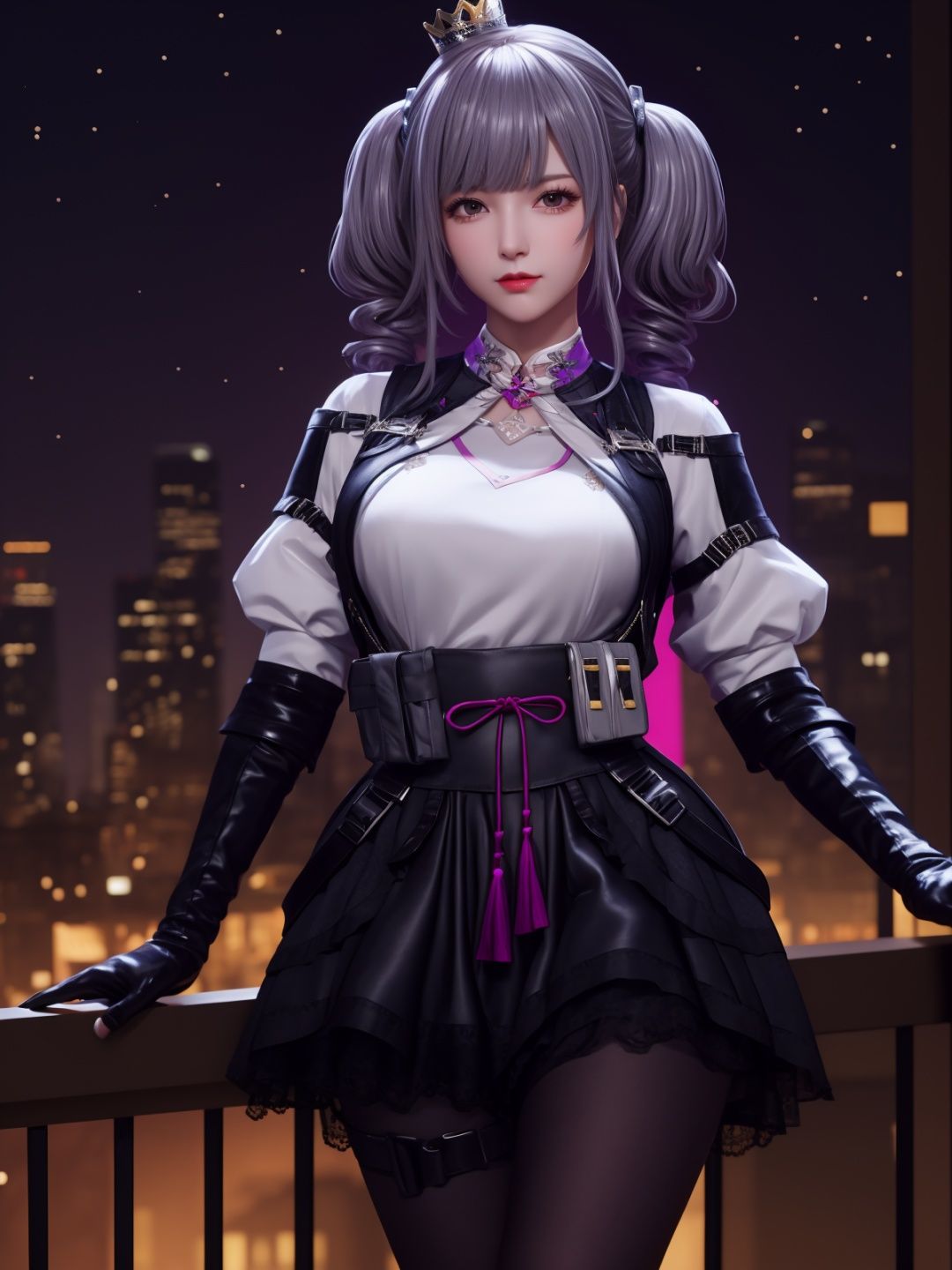 CFguanxiaoyuLHWZ, 1girl, solo, black pantyhose, bangs, looking at viewer, breasts, grey hair, elbow gloves, twintails, tassel, white shirt, lips, medium breasts, high-waist skirt,flower,crown, <lora:CFguanxiaoyuLHWZi:0.75>,cityscape, night, mature female, 