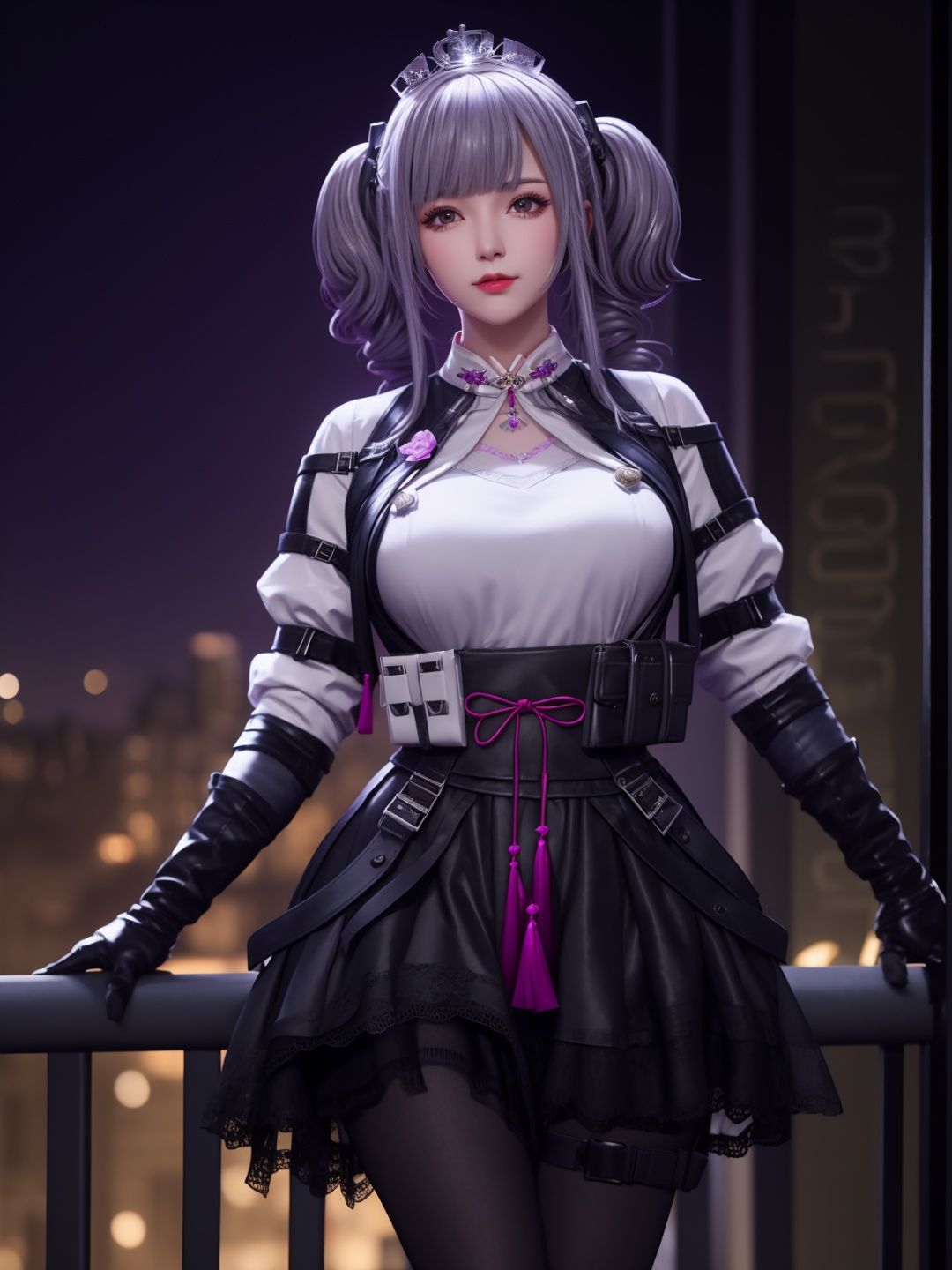 CFguanxiaoyuLHWZ, 1girl, solo, black pantyhose, bangs, looking at viewer, breasts, grey hair, elbow gloves, twintails, tassel, white shirt, lips, medium breasts, high-waist skirt,flower,crown, <lora:CFguanxiaoyuLHWZi:0.75>,cityscape, night, mature female, 