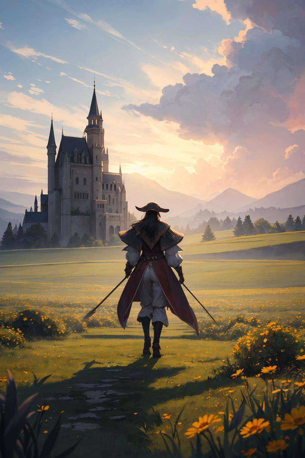 wallpaper of a sorceress walking in a field,  castle,  character focus on Tensor.Art