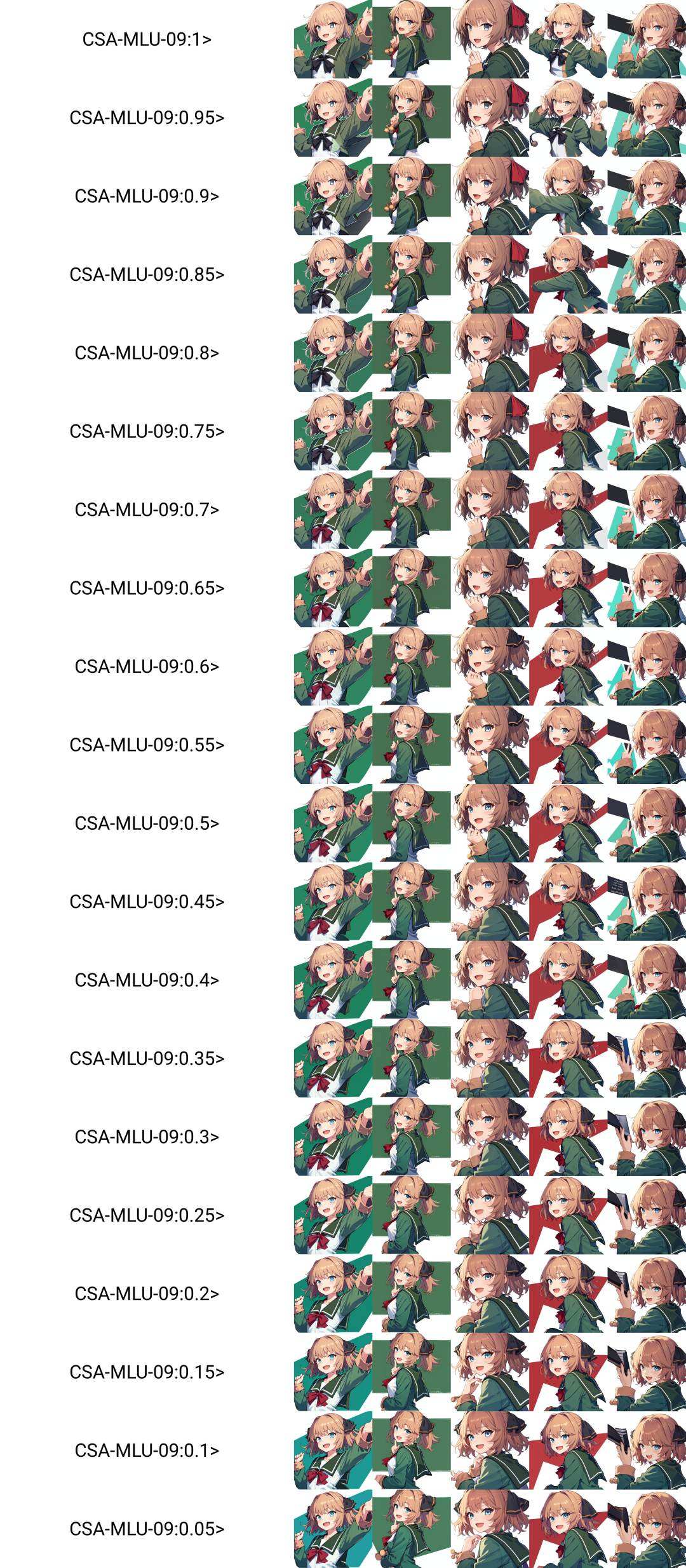 (masterpiece, best quality), BREAK, 1girl, solo,BREAK,  HachijouKC, (black) hair ribbon, (red) neck ribbon, (long sleeves) serafuku, (green) jacket, (green) sailor collar, (green) pleated skirt, (white) socks, (pom pom) clothes, (black) loafers, blue eyes,BREAK,  oblique portrait, upper body shot, smile, open mouth, white background,BREAK,  <lora:CSA-MLU-09:1>, <lora:Hachijou:1>