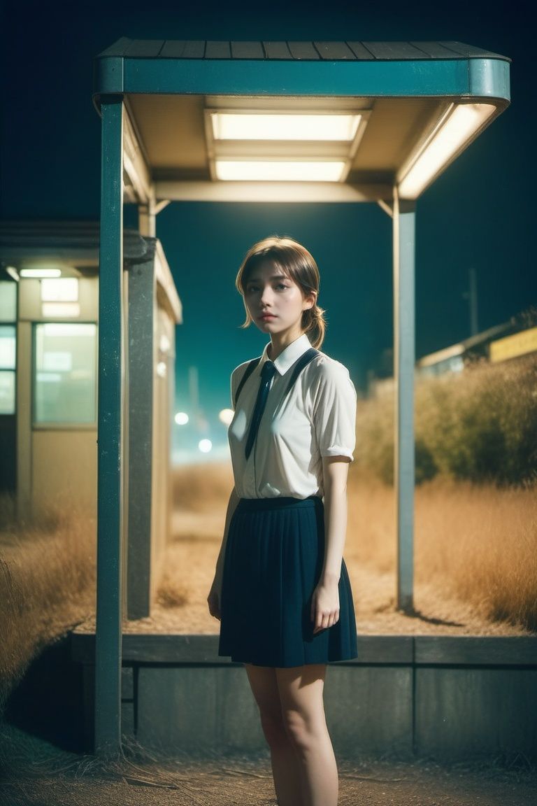 a girl standing alone in front of an old,  shabby,  unlit transit station in a deserted countryside on a dark night by TTv...