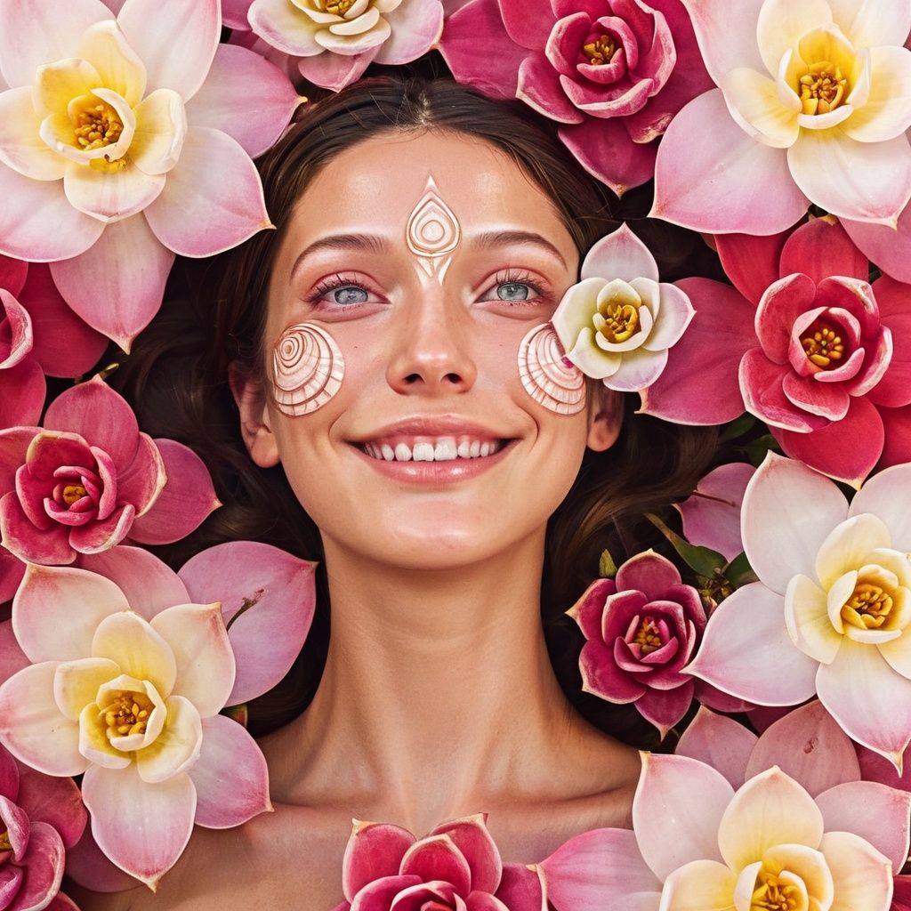 masterpiece, best quality, ultra high res, everything, everywhere, all at once, aw0k geometry, surreal geometry, melting russian woman, smile, detailed eyes, blossoming skin, perfectly symmetrical, aw0k geometry