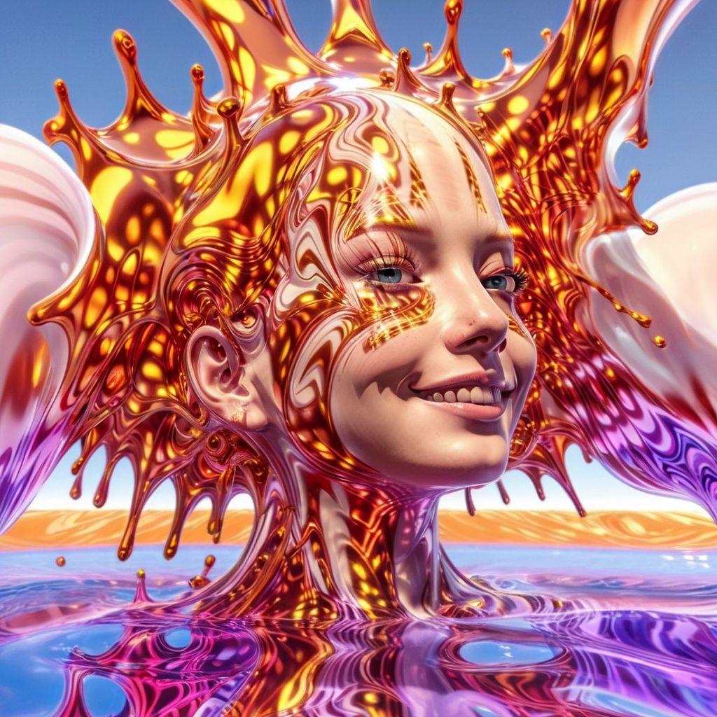 masterpiece, best quality, ultra high res, everything, everywhere, all at once, aw0k geometry, surreal geometry, melting russian woman, smile, detailed eyes, blossoming skin, perfectly symmetrical, aw0k geometry