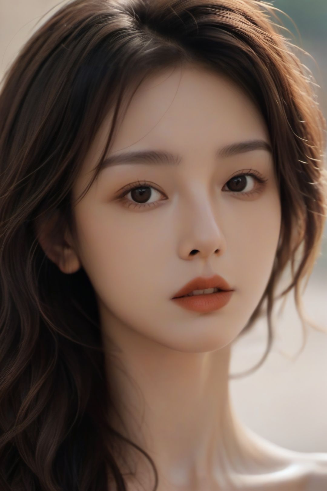 aesthetic portrait, solo, curly hair, blurry, brown eyes, blurry background, lips, realistic, 1girl, upper body, brown hair, looking at viewer,xxmix_girl