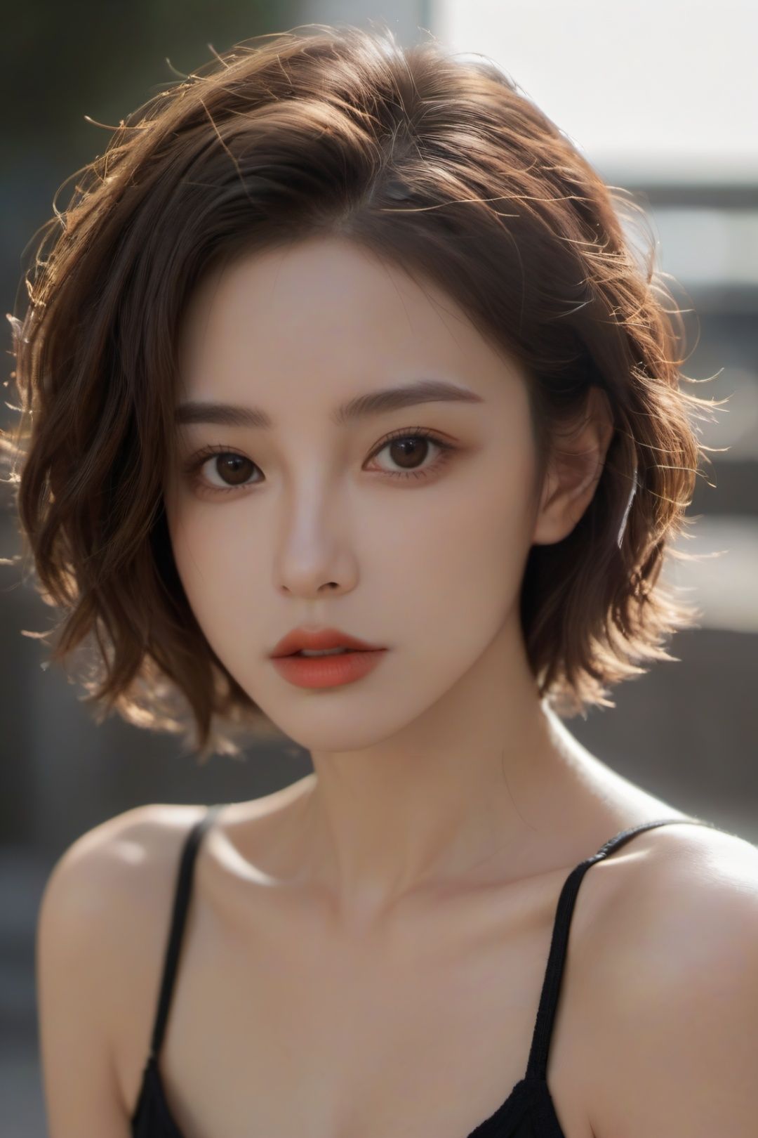 aesthetic portrait, solo, curly hair, blurry, brown eyes, blurry background, lips, realistic, 1girl, upper body, brown hair, looking at viewer,xxmix_girl