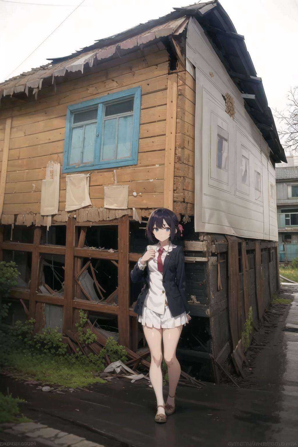 masterpiece, best quality, house, house cover, ruined, (1girl:1), full body, anime irl <lora:Russian House Cover_161628:1> <lora:Anime IRL Russia_633570:1>