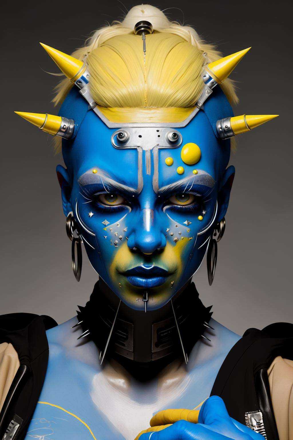 a woman with a blue face and yellow face paint and a blue head with silver spikes on his head,  Enki Bilal,  cyberpunk sty...