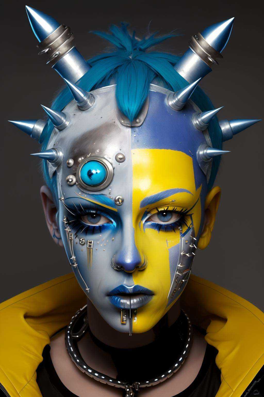 a woman with a blue face and yellow face paint and a blue head with silver spikes on his head,  Enki Bilal,  cyberpunk sty...